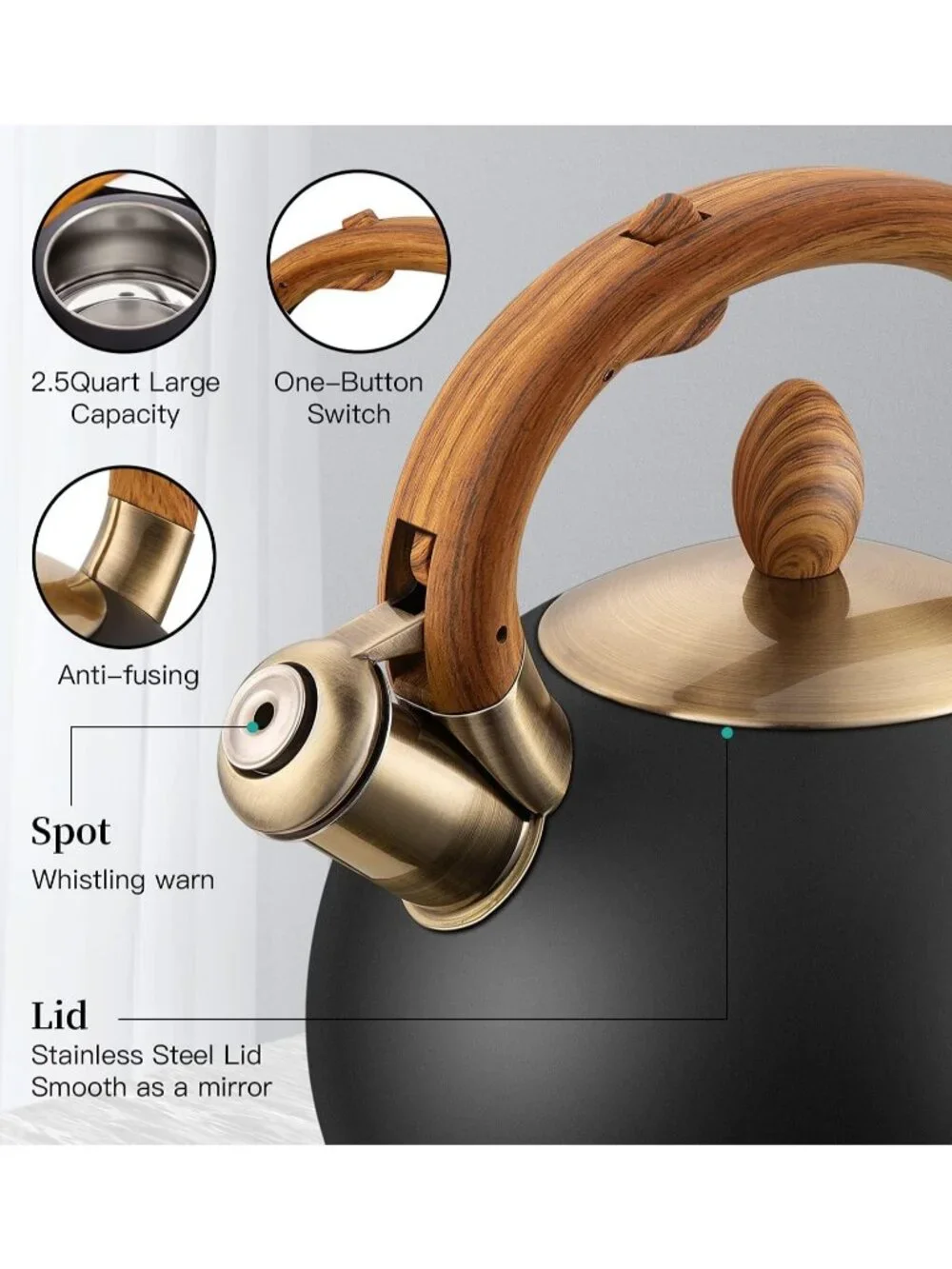 Black Kitchen Whistling Teakettle 2.64 Quart Stainless Steel Stovetop Induction